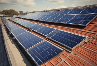 A solar panel array under a clear blue sky.