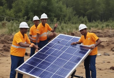 Team members of Cosmo Power Ventures working on a solar project.