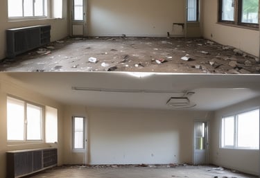 A sparkling clean living room with sunlight streaming through large windows, highlighting cleanliness.