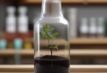 A farmer applying organic fertilizer to a vibrant vegetable garden under a clear blue sky.