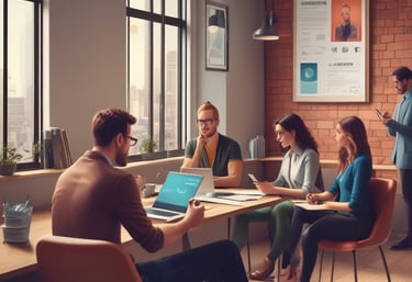 A diverse group of professionals collaborating in a modern office environment.