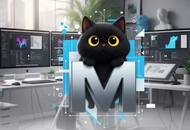 3D-rendered illustration of the Mantegh Studio mascot emerging from a metallic letter “M” 