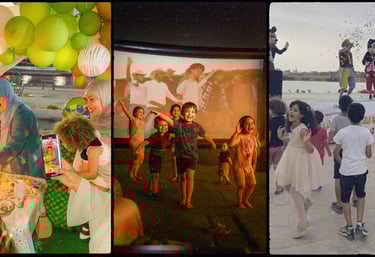 ثلاث صور واحدة فرحة الاحتفال بعيد ميلاد بنت صغير والثانية لأطفال مع مهرجين والثالثة يلعبون أمام شاشة