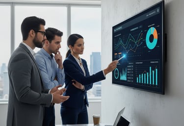 a group of business people standing around a large screen