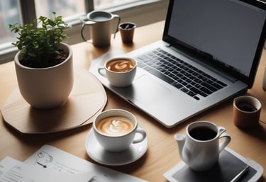 A coffee shop setting featuring a disposable coffee cup with a recognizable logo next to an open laptop displaying a calendar. The environment suggests a workspace or casual meeting place with a focus on productivity. A notebook is partially visible in the foreground, emphasizing the theme of planning or organization.