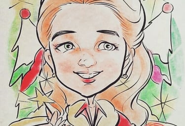 Caricature drawing of a girl in christmas costume