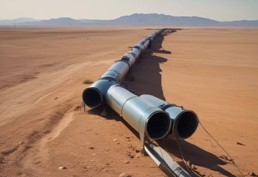 A construction site showing workers installing large seamless pipes in a trench.