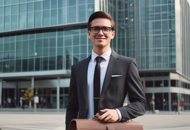 a man riding a skateboard down a street next to tall buildings