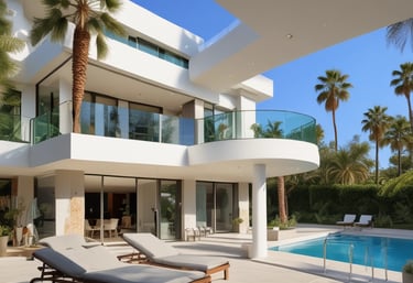 A two-story building with a yellow facade and blue shutters, featuring a real estate agency on the ground floor called Espaces Atypiques. A person is leaning out of an open window on the upper floor. There are parked cars in front of the building under a clear blue sky.