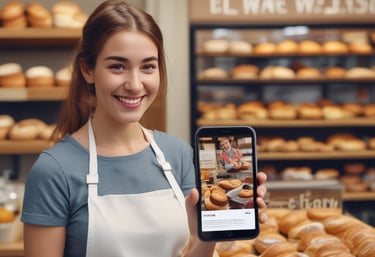 The focus is on a computer screen displaying an online store featuring T-shirts with various graphic designs. The left side of the image is blurred, showing indistinct colors and shapes, possibly a menu or food items.