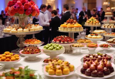 In a café or restaurant setting, there is a counter with trays containing various pastries, including a sugar-dusted cake and a pastry topped with strawberries. Several people dressed in casual clothing and aprons are engaged in activities behind the counter, possibly preparing orders.