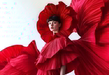 a woman in a red dress with a large red flower. photoshoot service to promote brands 