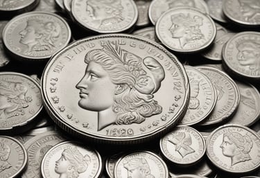 Stacks of shiny silver coins rest on top of silver bars, with intricate designs and engravings visible on the surfaces. The centerpiece coin features a lion’s head within a decorative border, while other coins display different motifs.