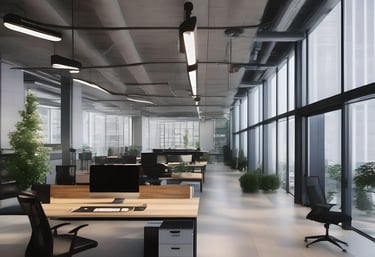 inside of an office with tables and chairs