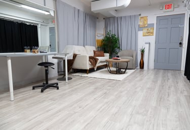 a living room with a couch and a chair