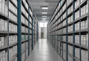 A modern, open-plan office space with long wooden desks and ergonomic chairs. The room is well-lit with natural light streaming through large windows. The ceiling features exposed ductwork and fluorescent lighting. The decor is minimal, with blue and orange accents on dividers and storage units.