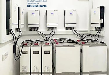 Single phase off-grid solar inverter system with battery bank storage for renewable energy power.