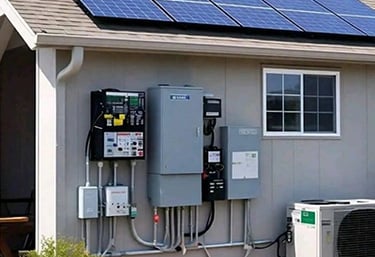 Residential solar panel system with electrical inverter boxes and battery storage mounted on house exterior.