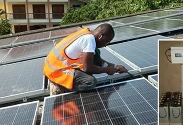 A technician installing solar panels on a roof with an inset of solar batteries and an inverter.