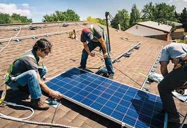 Professional technicians installing residential solar panels on a brown shingle roof for clean energy.
