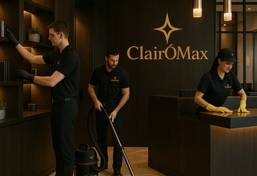 Employés de ClairÔMax nettoient un bureau professionnel avec du matériel adapté