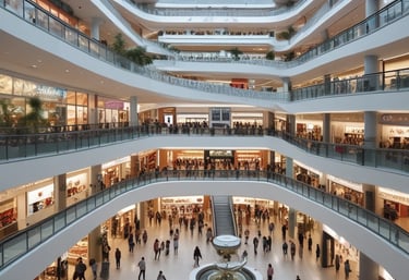 An aerial view of a modern retail store interior featuring neatly arranged displays of clothing, accessories, and mannequins. The store is well-lit with a sleek design, and several shoppers are visible browsing the merchandise. Glass and metal elements contribute to the contemporary aesthetic.