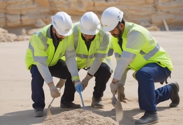 A scene in a quarry with large piles of sand and gravel. Heavy machinery, including trucks and conveyor belts, is visible, indicating active work in the extraction process.