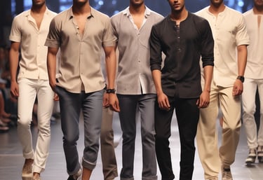 A fashion runway scene with models walking, showcasing diverse outfits in an indoor setting. The focus is on a shirtless male model wearing a colorful jacket, surrounded by other models displaying unique and stylish garments.