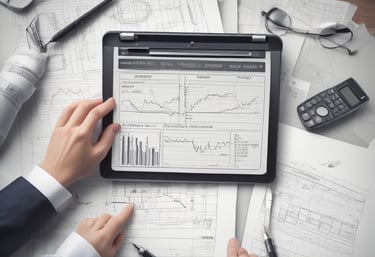 A person is working at a desk with technical drawings and a caliper. The desk contains various tools and equipment, including a toolbox labeled 'Stanley', a notebook, a cutting mat, and assorted mechanical parts and components.