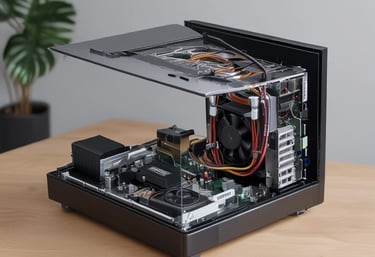 Technician repairing a computer with tools on a desk, featuring black, yellow, and blue elements.