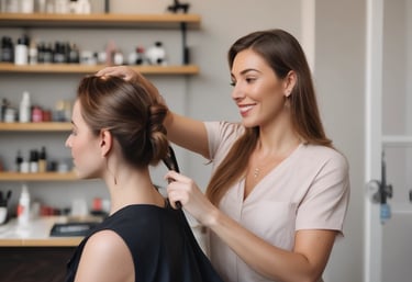Various wellness and beauty products, including oils in bottles, a bowl of oil, dried flowers, crystals, a smudge stick, and a small dish of cream, are arranged aesthetically on a light surface. The scene is decorated with colorful flowers and herbs.
