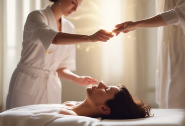 A dimly lit room with a person sitting by a window, partially illuminated by soft, warm light. The room has a massage table, some equipment, and artwork on the wall. Shadows cast interesting patterns, adding depth to the serene space.