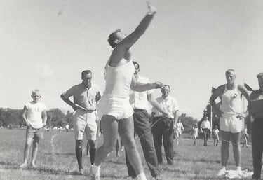 Arvids Zakis throws shot put at LTFC meet in Stouffville, early 1960s