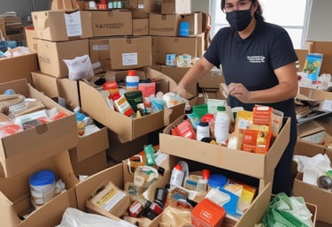 volunteer with a box of food