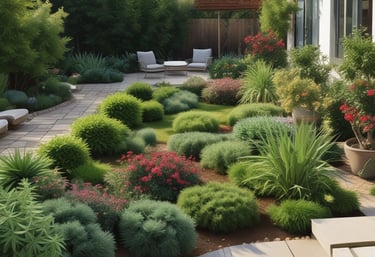 Two workers are engaged in landscaping activities in front of a modern building. The scene is sunny and features several palm trees and well-maintained greenery. A pile of soil is present, and a white van is parked nearby.