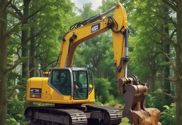 A landscape featuring a series of small, well-maintained shrubs and plants arranged on a grassy slope with carved shapes. In the background, there is a multi-storey concrete building under construction, and the setting is bordered by a lush forested hill.