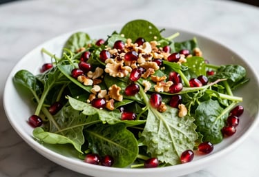 A beautifully plated, vibrant salad with fresh greens, nuts, and pomegranate seeds on a white marble surface. North American / Canadian food photography style.