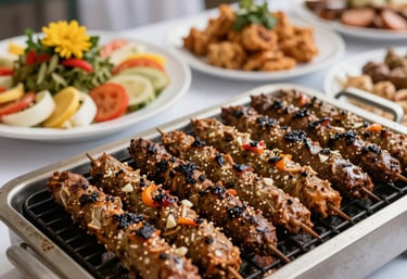 Elegant plated shish tawook with garlic toom sauce, garnished with fresh herbs and warm lighting.