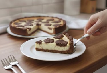 slice of German Quark cake on plate with whole cake in the background - HeimatRecipes.com