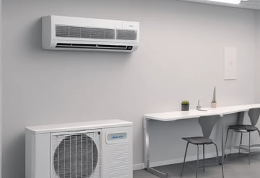 Three air conditioning units mounted on the exterior wall of a building, with a closed vent in the center. The wall is a warm, peach color and the units have a beige finish. A black cable runs vertically along the left side of the image.
