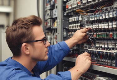 A white outdoor air conditioning unit mounted on a wall with a large fan and electrical connections. The unit has a red label and is surrounded by a light grey and white color scheme on the building's wall.