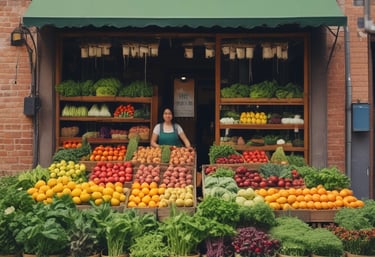 Two individuals are arranging an assortment of fresh produce on a table under a canopy, with a sign reading 'Saber Ridge Farms Established 2023 Local Fresh Produce' in the background. The table is covered with baskets containing various fruits and vegetables, such as potatoes, apples, lemons, and onions.