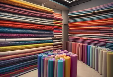 A well-organized clothing store with displays of neatly stacked shirts in various colors, mainly white, blue, and beige. Mannequins dressed in formal attire are placed around the store. Shelves are stocked with boxes and additional clothing items. Overhead lighting creates a warm atmosphere, and signs displaying prices are visible throughout the store.