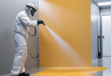 A skilled painter applying a smooth coat of paint to a wooden door in a well-lit workshop.