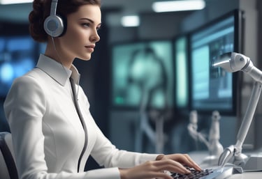A modern office setting with professionals collaborating over digital devices and AI interfaces.