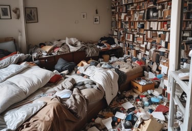 A professional cleaning team in protective gear working in a cluttered living space.