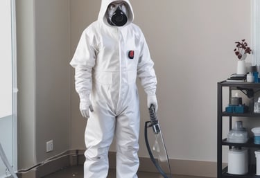 A professional cleaner in protective gear working in a cluttered room.