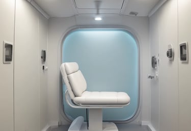 A dimly lit hospital room featuring an oxygen regulator attached to a wall. The device includes a flow meter and oxygen mask with tubing. The walls are tiled, with some areas catching a warm light.