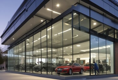 Two window cleaners are suspended by ropes, working on cleaning the glass windows of a tall building. Each cleaner is equipped with tools and a bucket, skillfully moving along the facade with safety harnesses. The building features reflective blue-tinted glass panels, creating a striking geometric pattern.