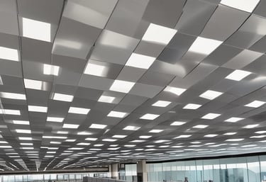 Wide shot of a construction site showing suspended ceiling framework installation.
